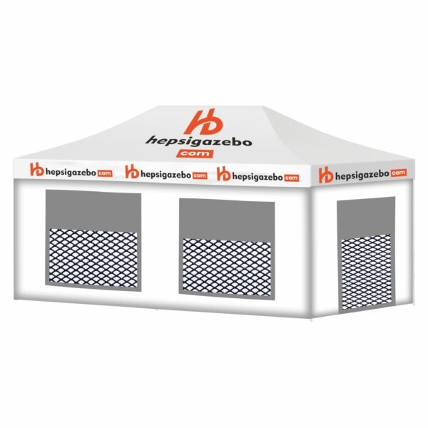 4x6 Baskılı Gazebo Tente (Baskılı Tavan+40'lık Çelik İskelet+2 Adet Baskılı Duvar+2 Adet Sineklik+Şeffaf+Perdeli Pencereli Duvar+1 Adet Sineklik+Şeffaf+Perdeli Kapılı Pencereli Duvar)