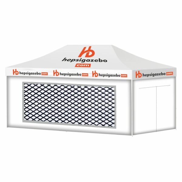 4x6 Baskılı Gazebo Tente (Baskılı Tavan+40'lık Çelik İskelet+1 Adet Sineklikli Duvar+1 Adet Açılır Kapılı Duvar+2 Adet Düz Tam Duvar)