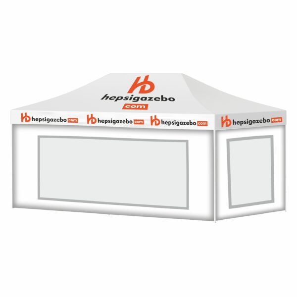 4x6 Baskılı Gazebo Tente (Baskılı Tavan+40'lık Çelik İskelet+2 Adet Şeffaf Duvar+2 Adet Baskısız Duvar)