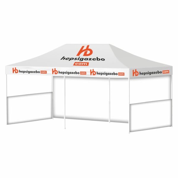 4x8 Baskılı Gazebo Tente (Baskılı Tavan+52'lik Alüminyum İskelet+1 Adet Baskısız Tam Duvar+2 Adet Baskısız Yarım Duvar)