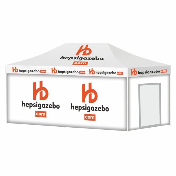 4x6 Baskılı Gazebo Tente (Baskılı Tavan+40'lık Çelik İskelet+2 Adet Baskılı Duvar+1 Adet Kapılı Duvar+1 Adet Baskısız Duvar)