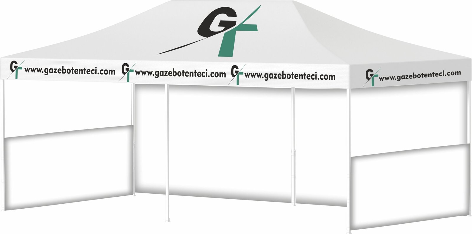 4x8 1 tam baskısız 2 yarım bakısız 4x8 Baskılı Gazebo Tente (Baskılı Tavan+40'lık Alüminyum İskelet+1 Adet Baskısız Tam Duvar+2 Adet Baskısız Yarım Duvar) - Görsel 1