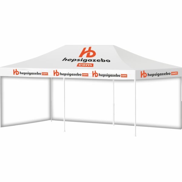 4x8 Baskılı Gazebo Tente (Baskılı Tavan+52'lik Alüminyum İskelet+2 Adet Baskısız Tam Duvar)