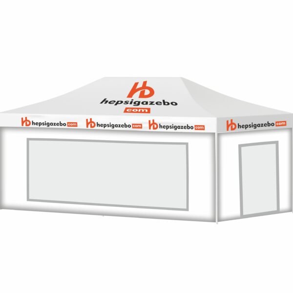 4x8 Baskılı Gazebo Tente (Baskılı Tavan+40'lık 40'lık Çelik İskelet+2 Adet Şeffaf Pencereli Duvar+1 Adet Baskısız Tam Duvar+1 Adet Kapılı Duvar)