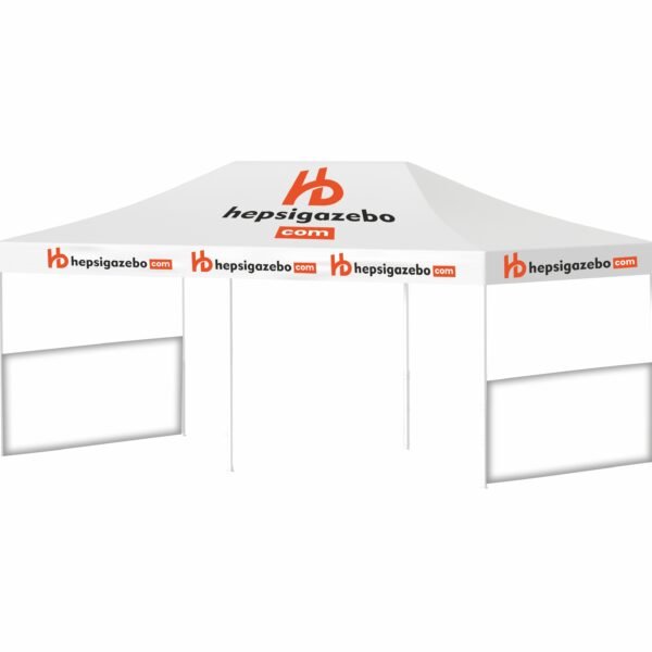 4x8 Baskılı Gazebo Tente (Baskılı Tavan+40'lık 40'lık Çelik İskelet+2 Adet Baskısız Yarım Duvar)