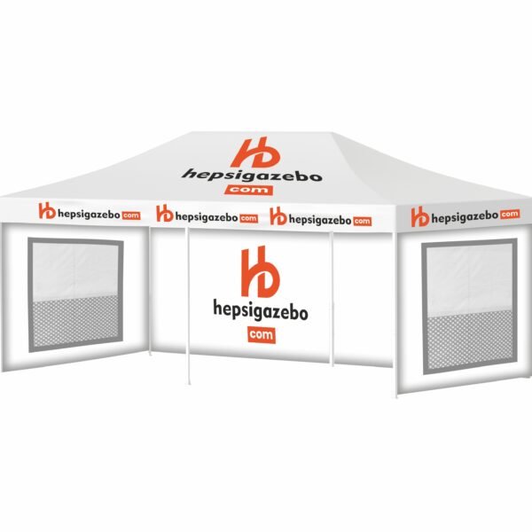 4x8 Baskılı Gazebo Tente (Baskılı Tavan+40'lık Çelik İskelet+2 Adet Sineklik+Şeffaf+Perdeli Pencereli Duvar+1 Adet Baskılı Duvar)