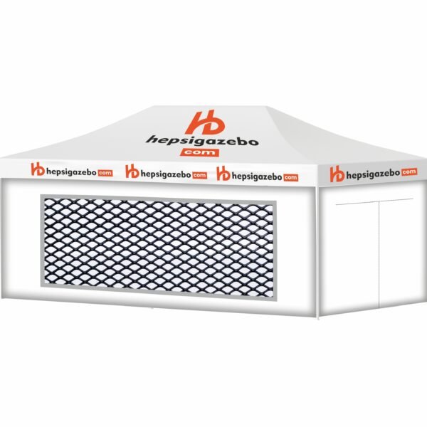 4x8 Baskılı Gazebo Tente (Baskılı Tavan+40'lık Çelik İskelet+1 Adet Sineklikli Duvar+1 Adet Açılır Kapılı Duvar+2 Adet Düz Tam Duvar)