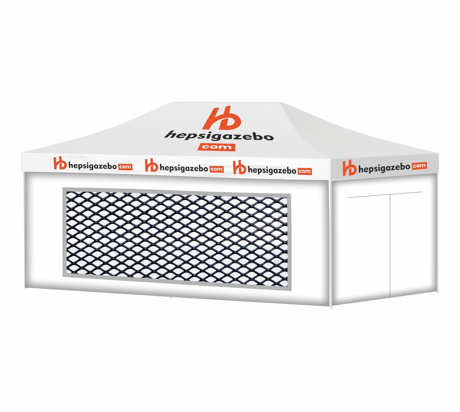 4x8 hepsitente giydirme1.jpgiş 4x8 Baskılı Gazebo Tente (Baskılı Tavan+52'lik Alüminyum İskelet+1 Adet Sineklikli Duvar+1 Adet Açılır Kapılı Duvar+2 Adet Düz Tam Duvar) - Görsel 1