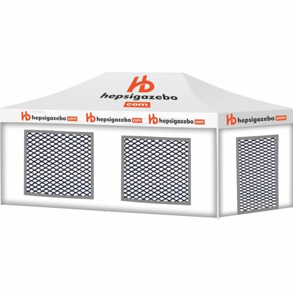 4x8 Baskılı Gazebo Tente (Baskılı Tavan+52'lik Alüminyum İskelet+2 Adet Baskılı Duvar+2 Adet Sineklik+Şeffaf+Pencereli Duvar+1 Adet Sineklik+Şeffaf Kapılı Pencereli Duvar)