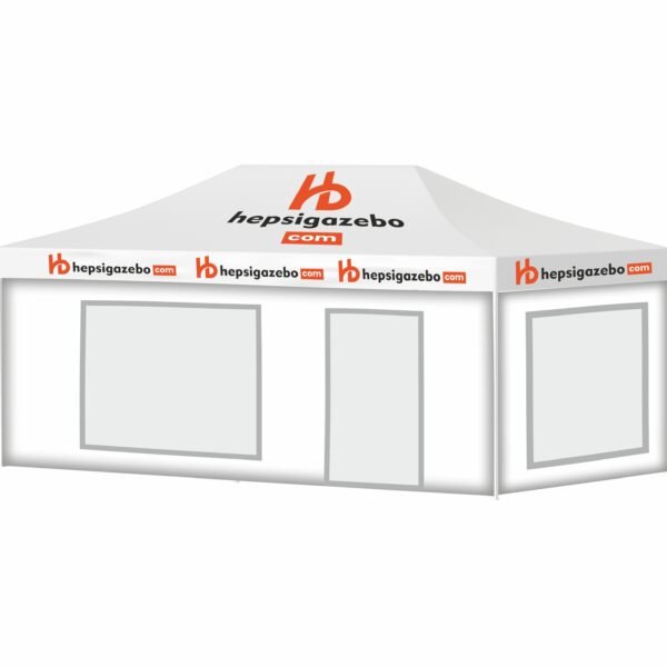 4x8 Baskılı Gazebo Tente (Baskılı Tavan+52'lik Alüminyum İskelet+2 Adet Şeffaf Pencereli Duvar+1 Adet Baskısız Tam Duvar+1 Adet Kapılı Duvar)