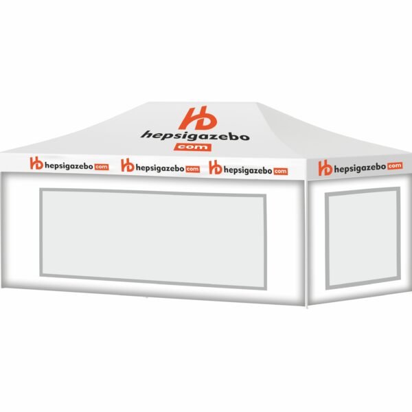 4x8 Baskılı Gazebo Tente (Baskılı Tavan+40'lık Alüminyum İskelet+2 Adet Şeffaf Duvar+2 Adet Baskısız Duvar)