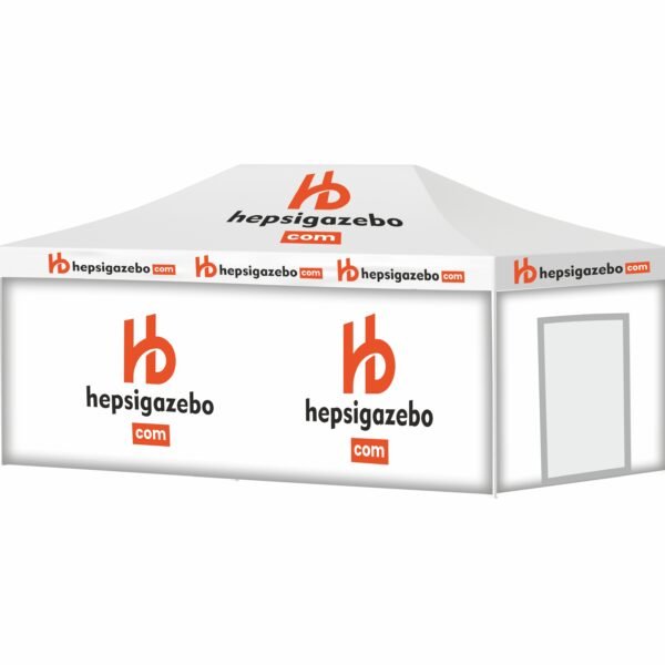 4x8 Baskılı Gazebo Tente (Baskılı Tavan+40'lık Çelik İskelet+2 Adet Baskılı Duvar+1 Adet Kapılı Duvar+1 Adet Baskısız Duvar)