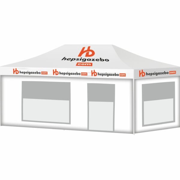 4x8 Baskılı Gazebo Tente (Baskılı Tavan+52'lik Alüminyum İskelet+2 Adet Şeffaf+Pencereli Duvar+1 Adet Tam Duvar+1 Adet Kapılı Pencereli Şeffaf+Pencereli Duvar)