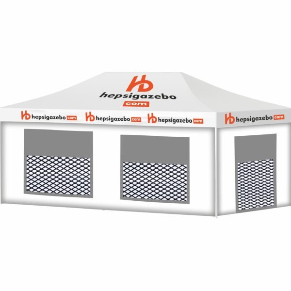 4x8 Baskılı Gazebo Tente (Baskılı Tavan+40'lık Çelik İskelet+2 Adet Baskılı Duvar+2 Adet Sineklik+Şeffaf+Perdeli Pencereli Duvar+1 Adet Sineklik+Şeffaf+Perdeli Kapılı Pencereli Duvar)