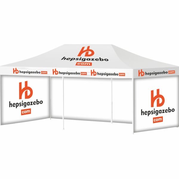 4x8 Baskılı Gazebo Tente (Baskılı Tavan+52'lik Alüminyum İskelet+2 Adet Baskılı Duvar+1 Adet Baskısız Duvar)