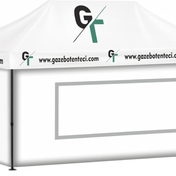 3x45 Baskılı Gazebo Tente (Baskılı Tavan+52'lik Alüminyum İskelet+2 Adet Şeffaf Duvar+2 Adet Baskısız Duvar)