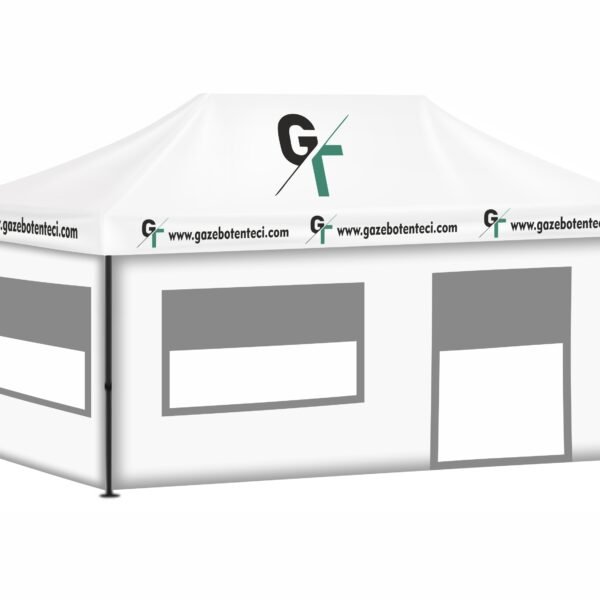 3x6 Baskılı Gazebo Tente (Baskılı Tavan+52'lik Alüminyum İskelet+2 Adet Şeffaf+Pencereli Duvar+1 Adet Tam Duvar+1 Adet Kapılı Pencereli Şeffaf+Pencereli Duvar)